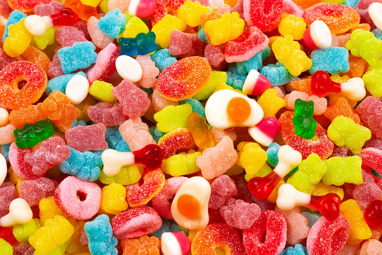 Assorted gummy candies. Top view. Jelly  sweets.