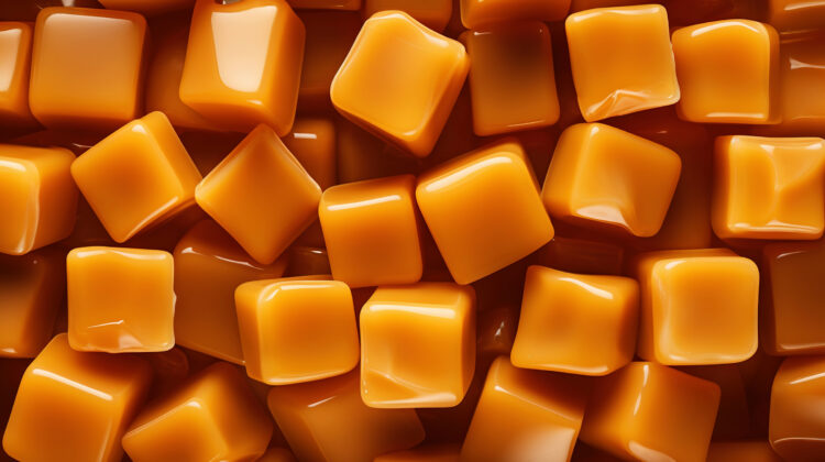 Tasty caramel candies with sauce background. Sweet texture. Generative AI